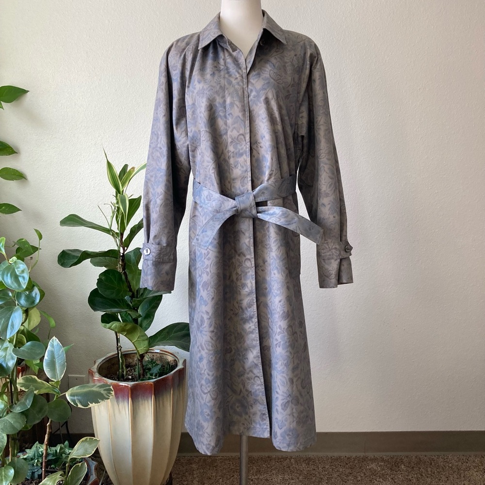 New London Fog Grey Khaki Blue Flowers Polyester Cotton Trench Coat size 14